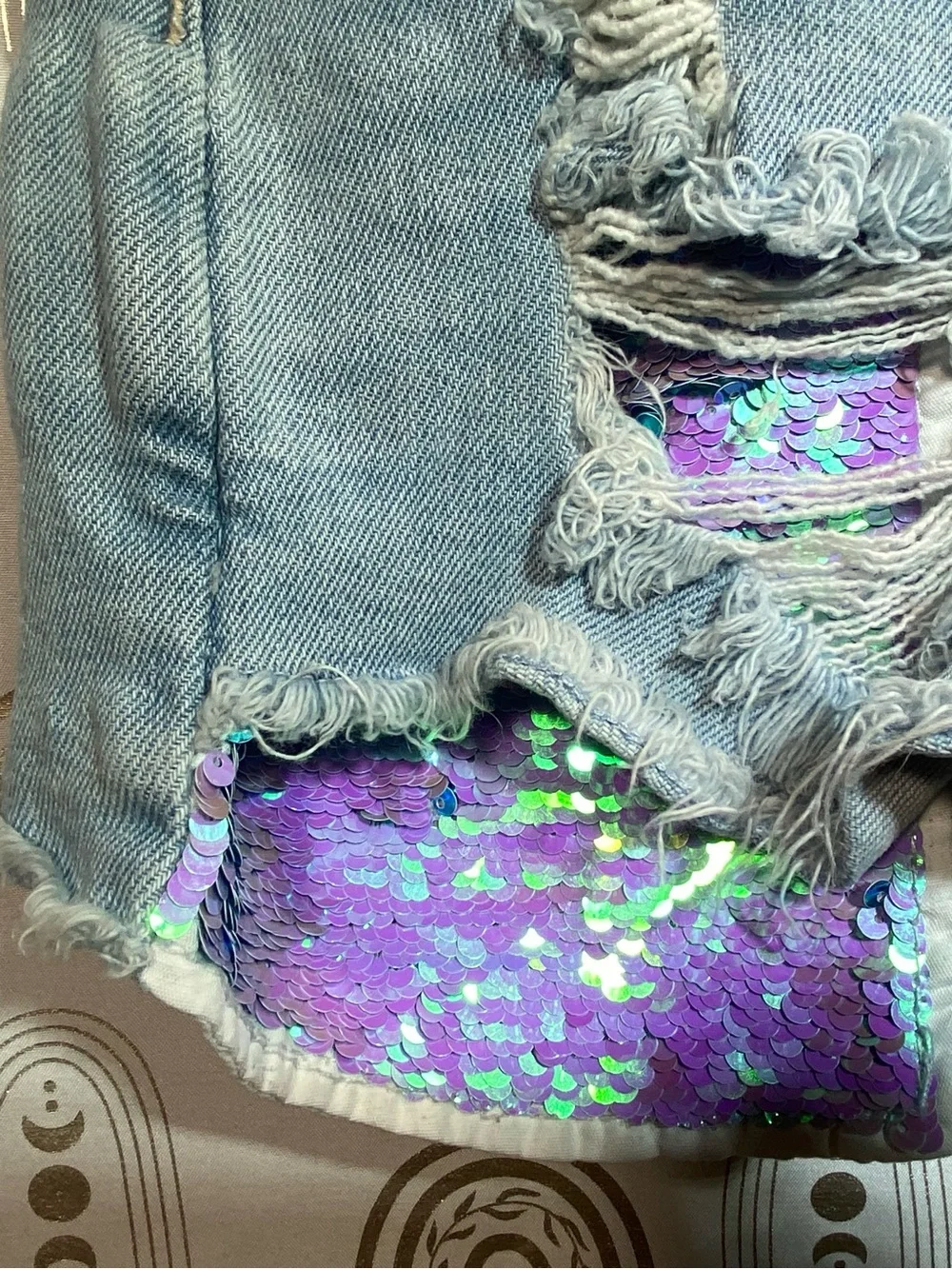 Justice Light Wash Denim Shorts with Purple Sequin Inset